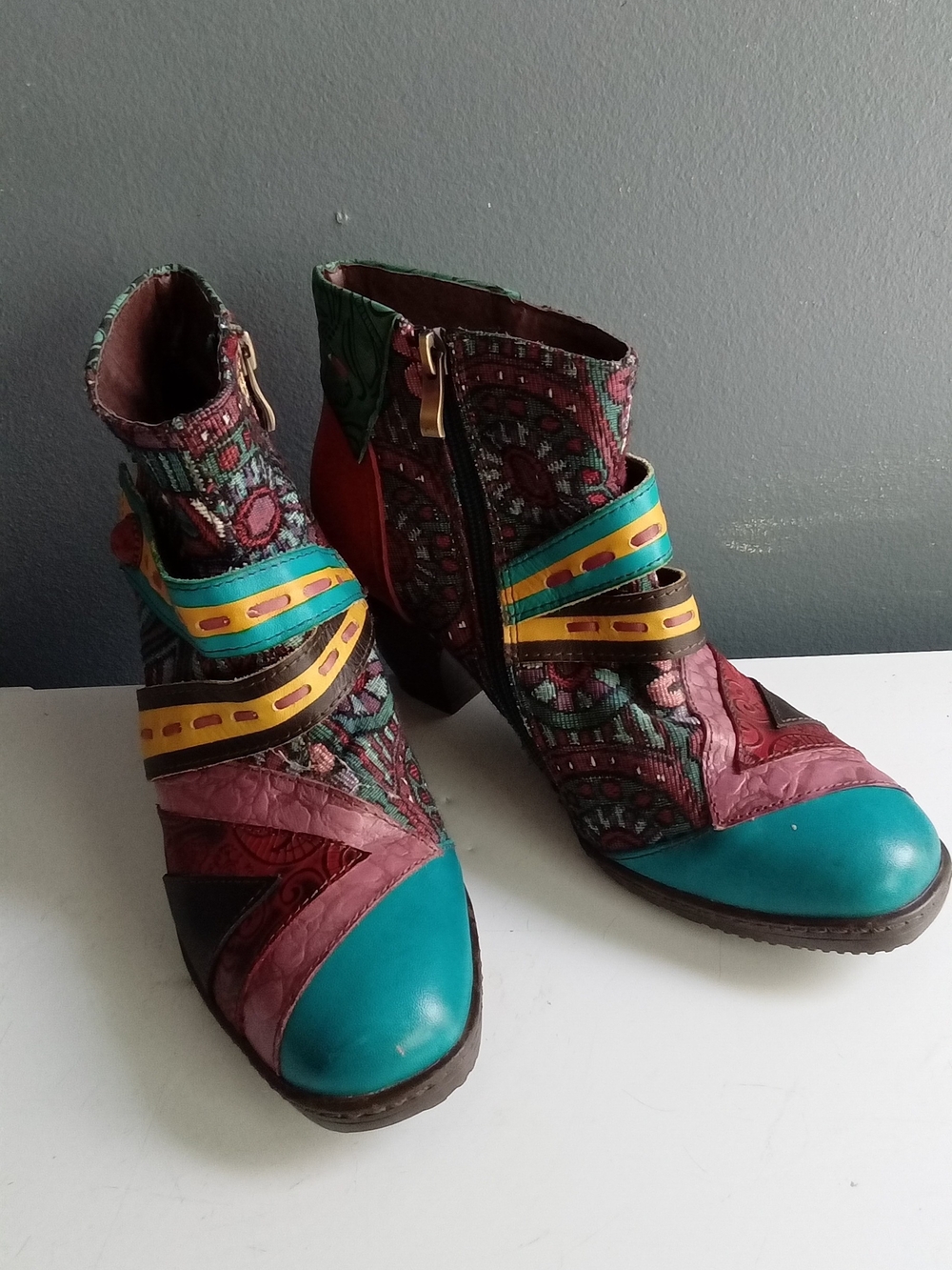 Socofy Multi-Color Patchwork Leather‎ Tapestry Ankle Boots